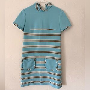 Vintage 70s Stretch Striped Blue and Brown Short Sleeve Dress